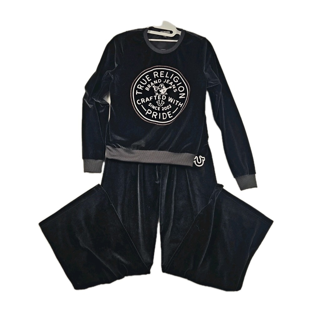 True Religion‎ Women's Velour 2Pc Set XS Black Glitter Logo Crewneck Wide Leg